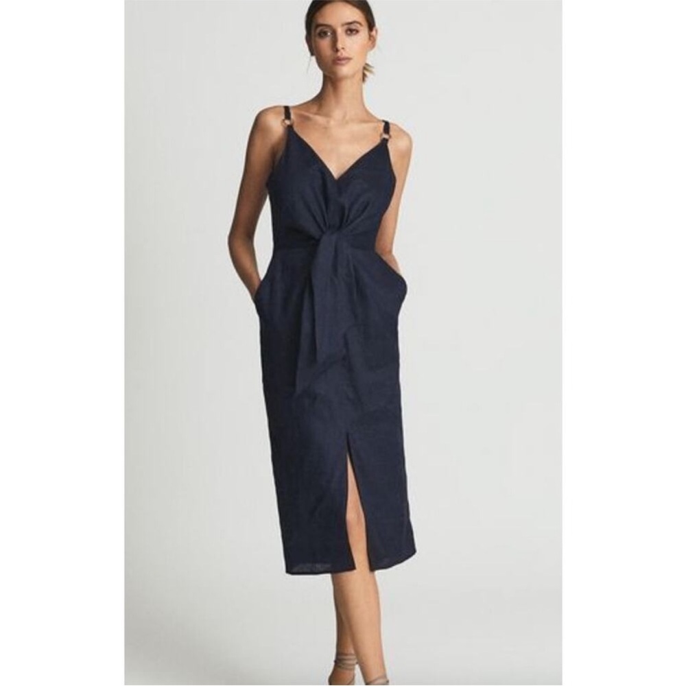 REISS Kay Linen Midi Dress Navy Blue Midi Dress Tie Detail